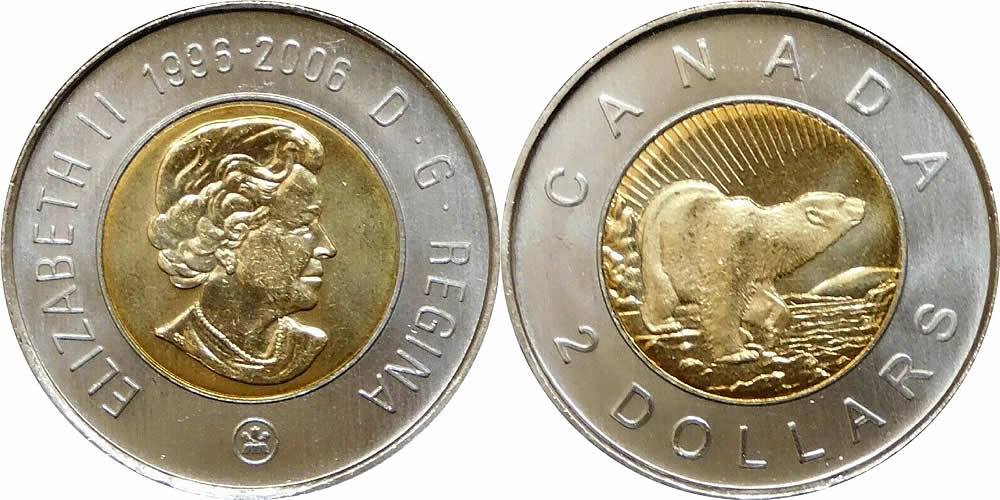 1996-2006 Uncrowned Portrait, RCM Logo and Double Date Obverse, 1996-2006 Elizabeth II Two Dollar