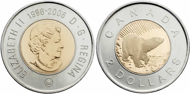 2006 Uncrowned Portrait, Maple Leaf Logo Obverse, Polar Bear Reverse Elizabeth II Two Dollar 2006 Elizabeth II Two Dollar
