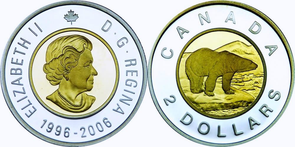 1996-2006 Uncrowned Portrait, Maple Leaf and Double Date Obverse, Polar Bear Reverse Elizabeth II Two Dollar 1996-2006 Elizabeth II Two Dollar