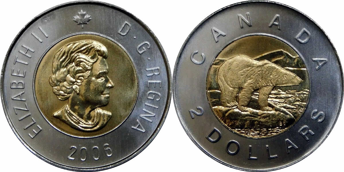 1996-2006 Uncrowned Portrait, RCM Logo Obverse, Polar Bear Reverse Elizabeth II Two Dollar 1996-2006 Elizabeth II Two Dollar
