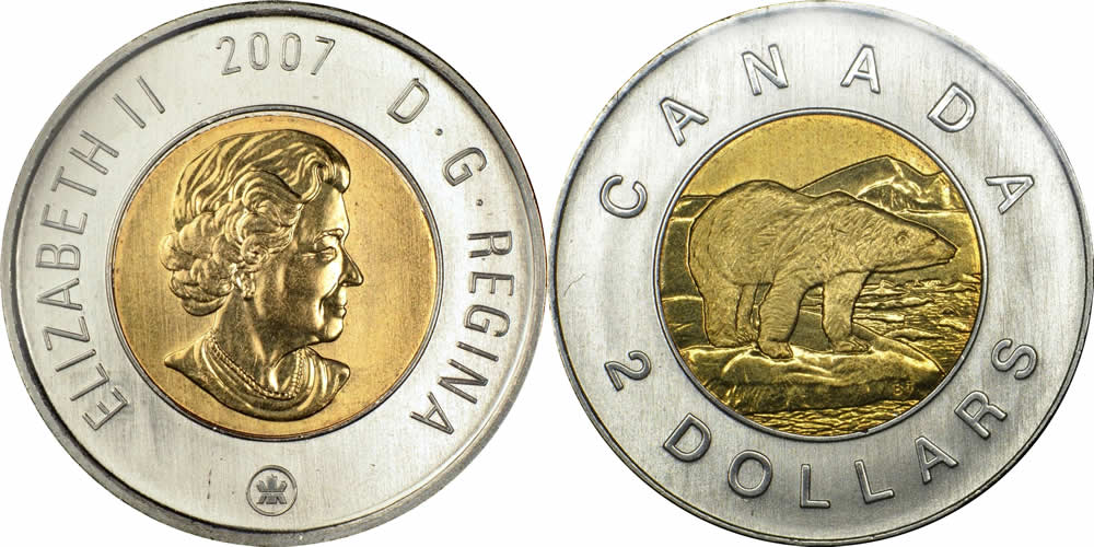2007 Uncrowned Portrait, RCM Logo Obverse, Polar Bear Reverse Elizabeth II Two Dollar 2007 Elizabeth II Two Dollar