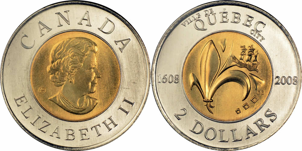 2008 Uncrowned Portrait, Quebec City Reverse, 1608 - 2008 Elizabeth II Two Dollar 2008 Elizabeth II Two Dollar