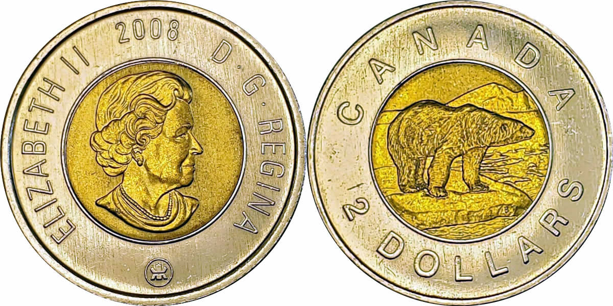 2008 Uncrowned Portrait, RCM Logo Obverse, Polar Bear Reverse Elizabeth II Two Dollar 2008 Elizabeth II Two Dollar
