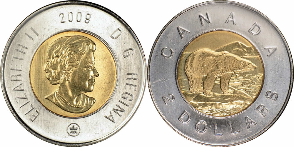 2009 Uncrowned Portrait, RCM Logo Obverse, Polar Bear Reverse Elizabeth II Two Dollar 2009 Elizabeth II Two Dollar