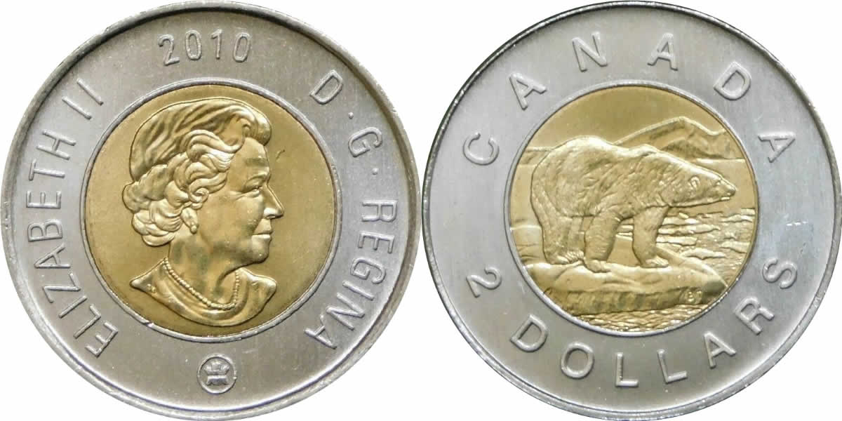 2010 Uncrowned Portrait, RCM Logo Obverse, Polar Bear Reverse Elizabeth II Two Dollar 2010 Elizabeth II Two Dollar