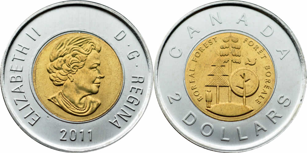 2011 Uncrowned Portrait, RCM Logo Obverse, Boreal Forest Reverse Elizabeth II Two Dollar 2011 Elizabeth II Two Dollar