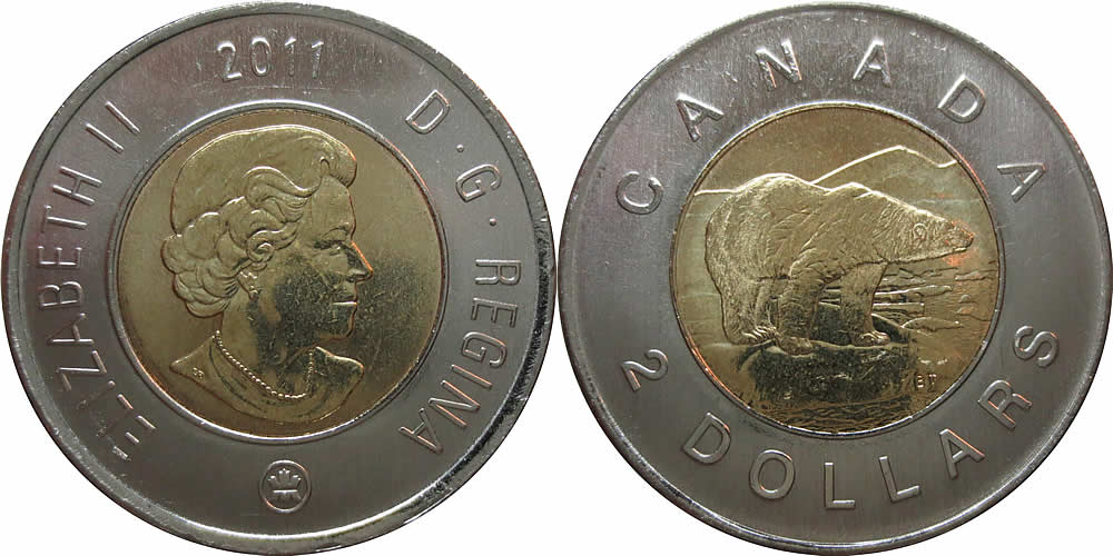 2011 Uncrowned Portrait, RCM Logo Obverse, Polar Bear Reverse Elizabeth II Two Dollar 2011 Elizabeth II Two Dollar
