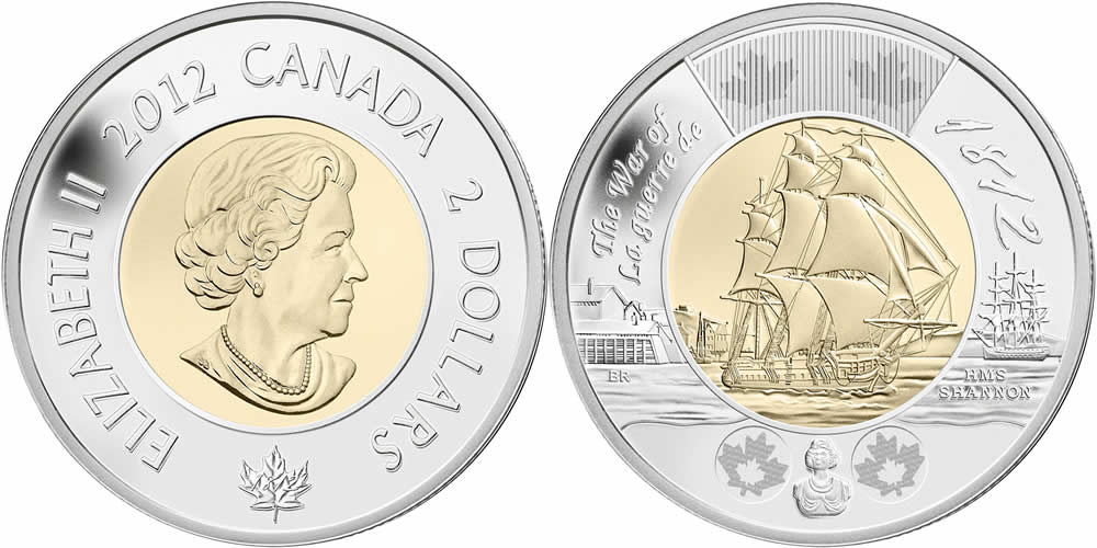 2012 Uncrowned Portrait, HMS Shannon, War of 1812, Secirity Feature Reverse Elizabeth II Two Dollar 2012 Elizabeth II Two Dollar