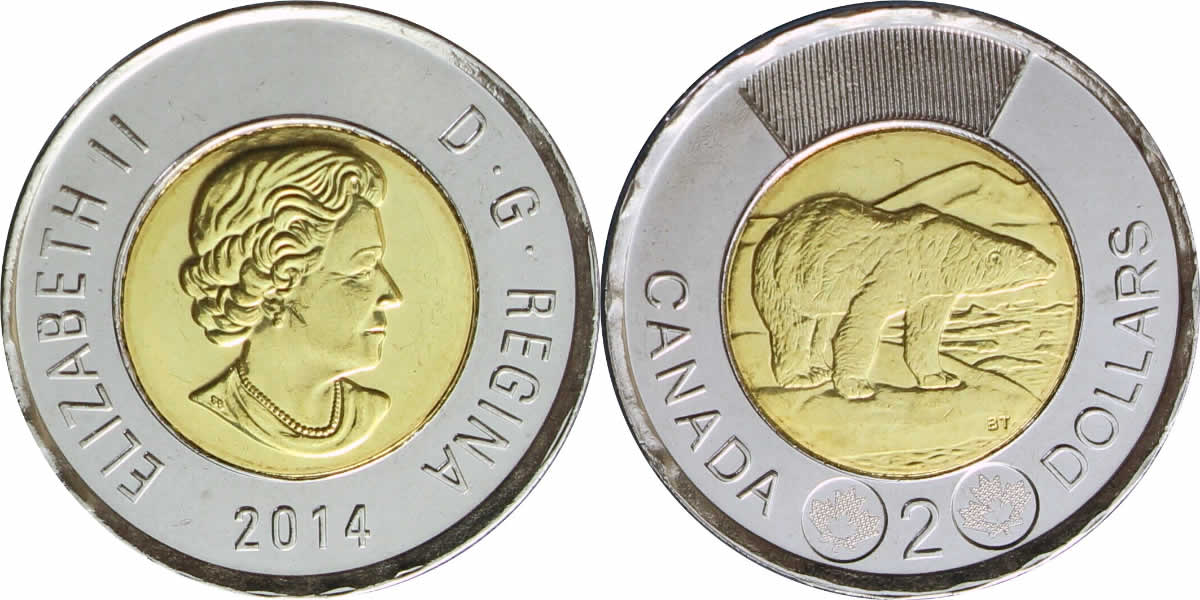 2014 Uncrowned Portrait, Polar Bear Reverse w/ Security Elizabeth II Two Dollar 2014 Elizabeth II Two Dollar