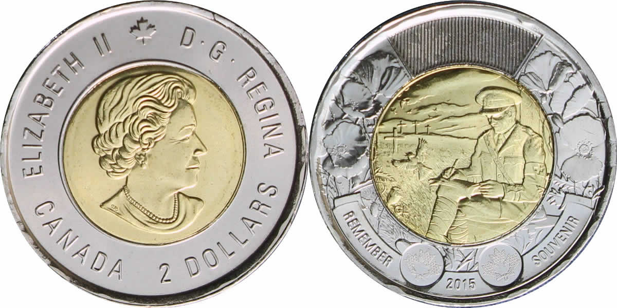2015 Uncrowned Portrait, Flanders Field Reverse Elizabeth II Two Dollar 2015 Elizabeth II Two Dollar