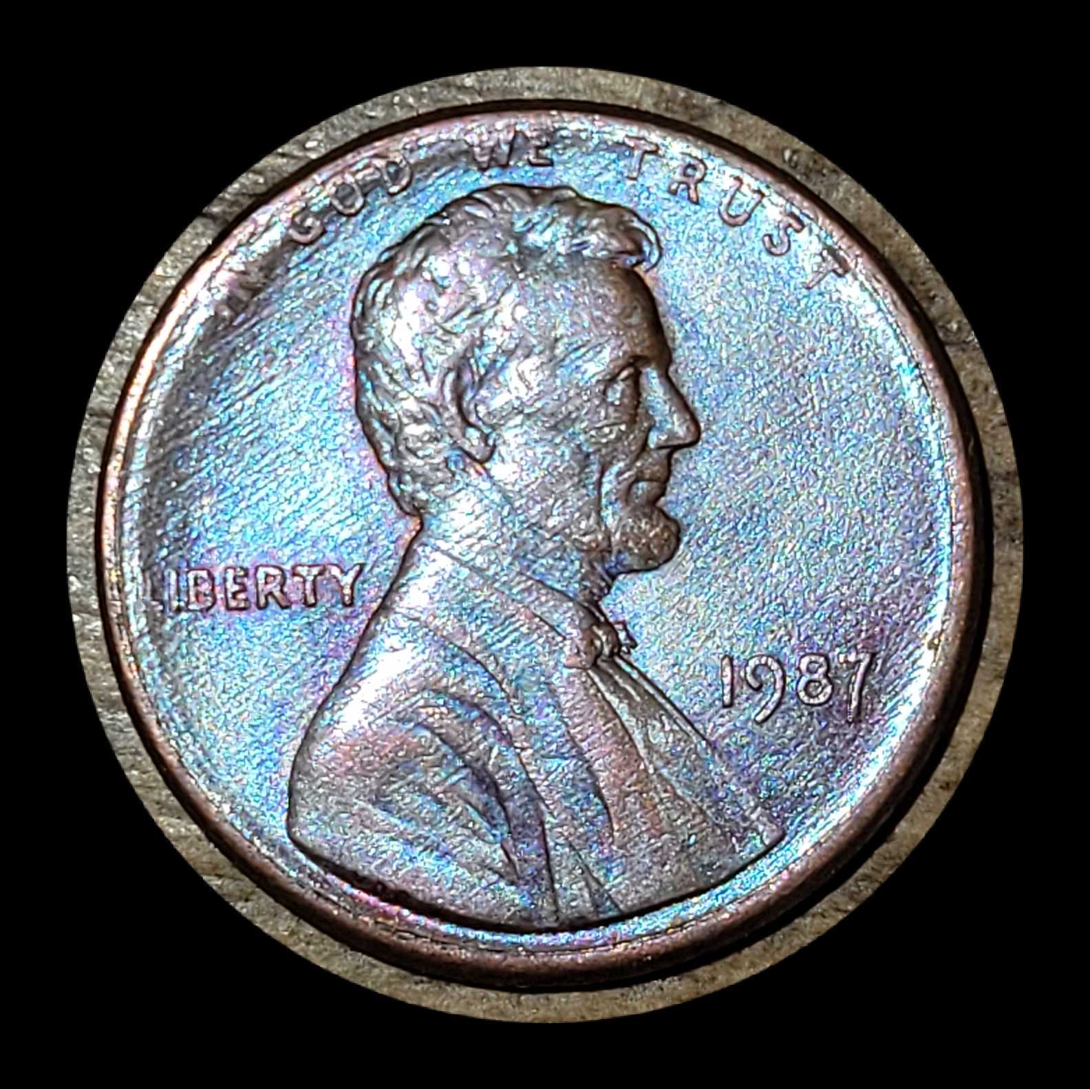 1987-Lincoln-Memorial-Cent-Aqua-Blue-Shimmer-,-Raised-Obverse-Ridge