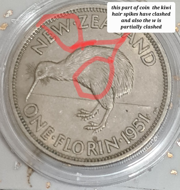 1951-New-Zealand--One-Florin-Die-Clash-Obverse-Near-Kings-Sideburn/Ear