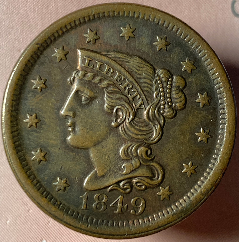 1849-Braided-Hair-Cent---In-Hand