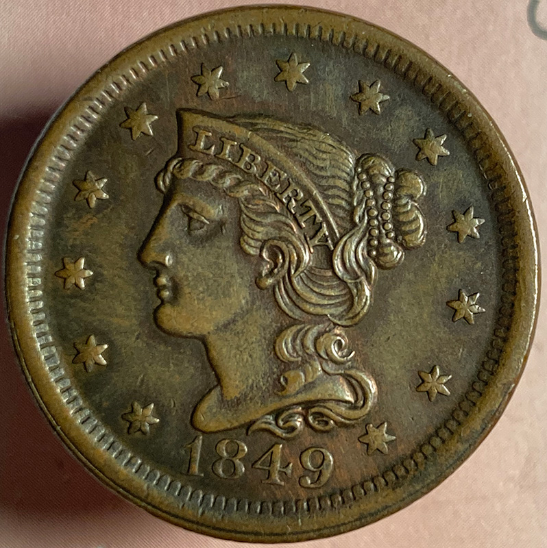 1849-Braided-Hair-Cent---In-Hand