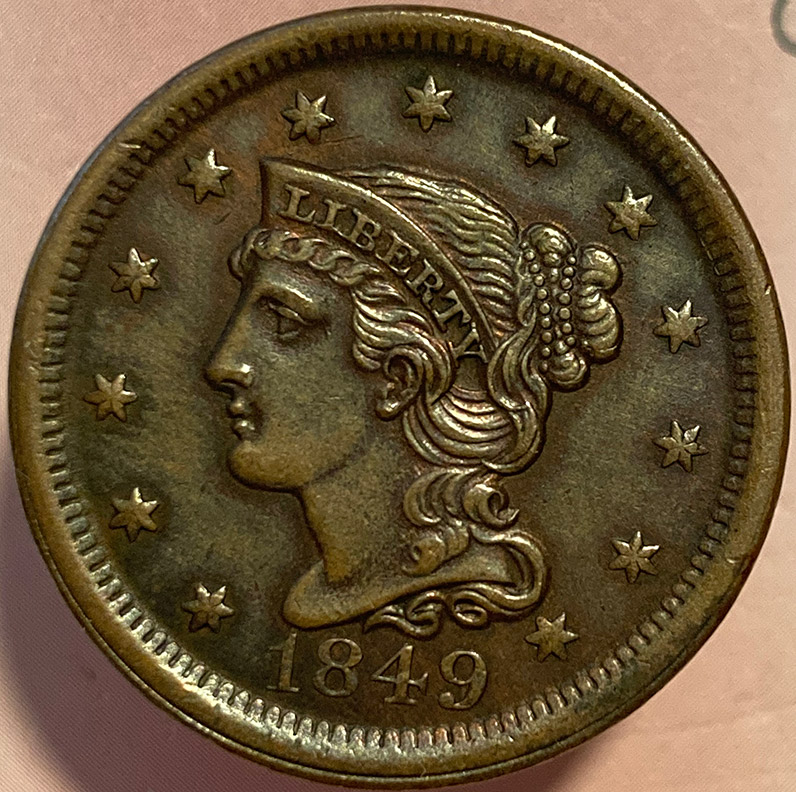 1849-Braided-Hair-Cent---In-Hand