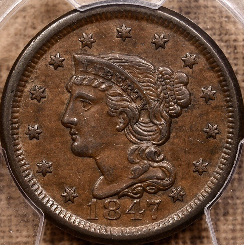 1849-Braided-Hair-Cent---In-Hand