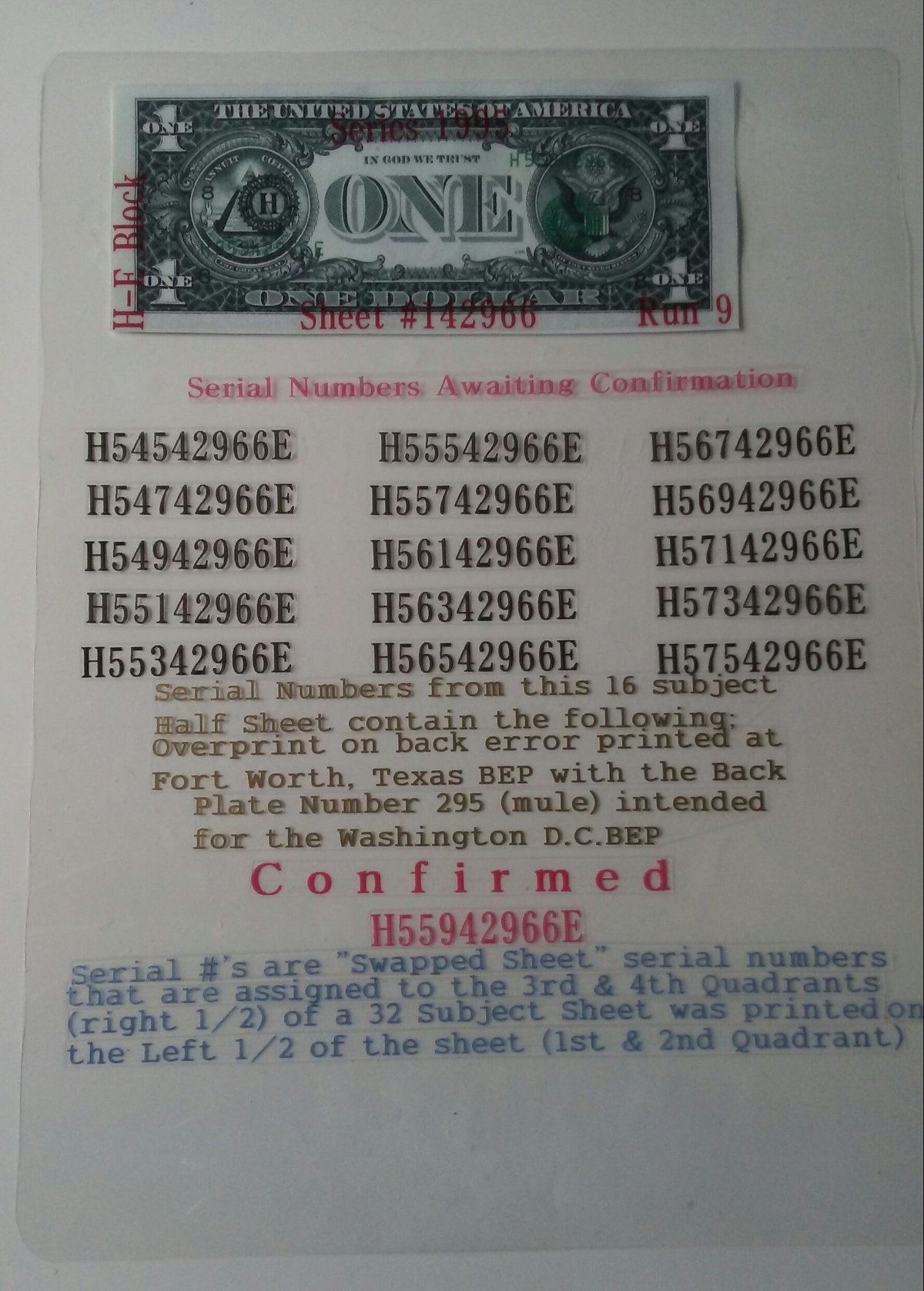 $1-F/W-Back-Plate-#295-Overprint-On-Back-Error-+-Census-Chart-Serial-#'s