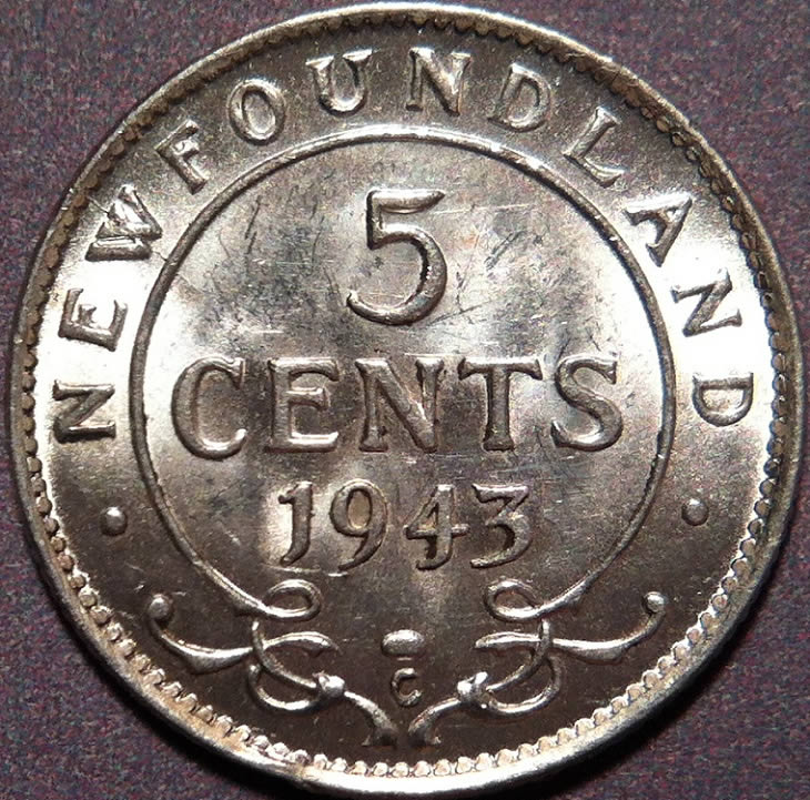 1943--Newfoundland-5-Cent-,-Grade?