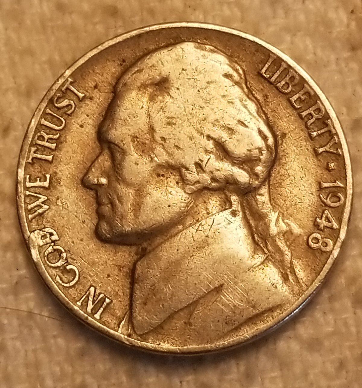 1948-Jefferson-Nickel.-Cud?-Almost-Looks-Like-A--MM-On-Obverse