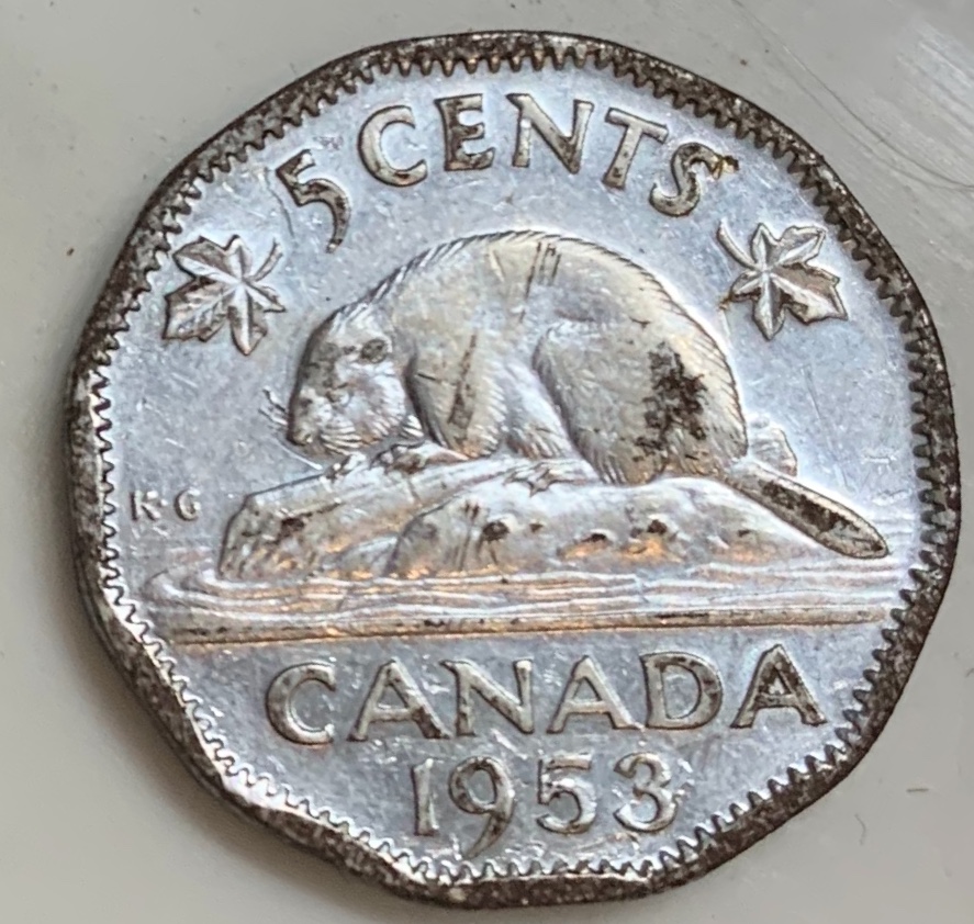 1953-Canadian-Nickel-Error-SF-Near-Leaf,-No-Chrome?