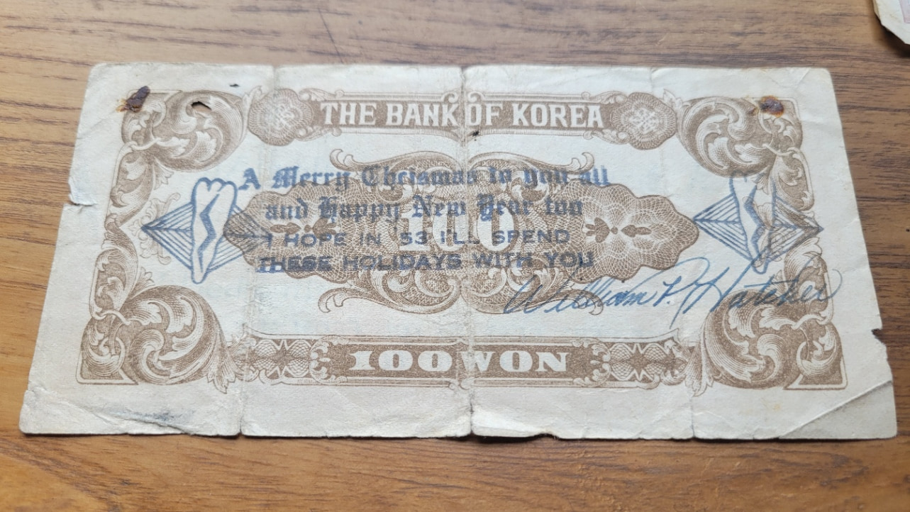 South-Korea-1950-53-100-Won-Note-With-Christmas-Msg-Fm-William-P.-Hatcher