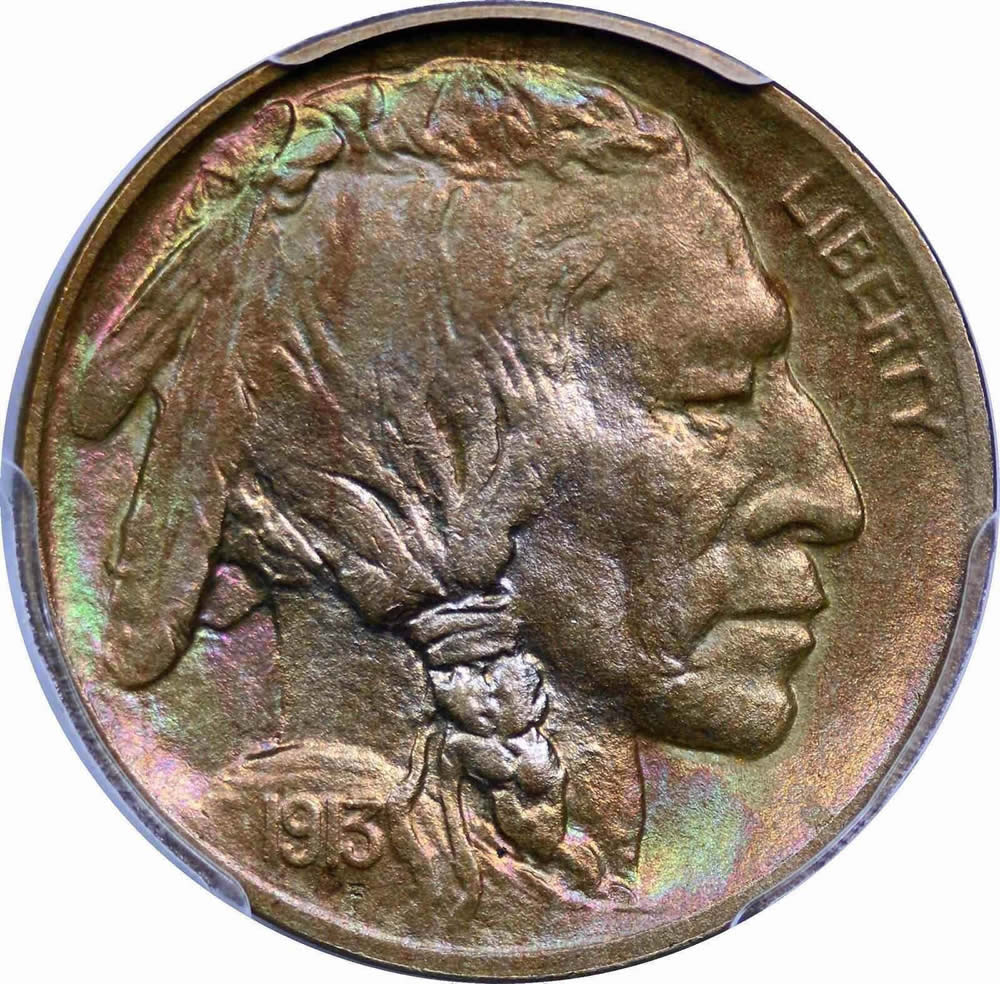 1913-Monster-Rainbow-Toned--Buffalo-Nickel-Type-I-Obverse-And-Reverse