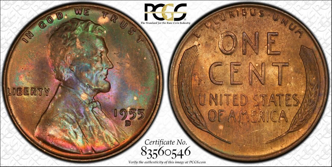 1955-D-Lincoln-Cent-PCGS-R/B-65-Color-Toner-Obverse