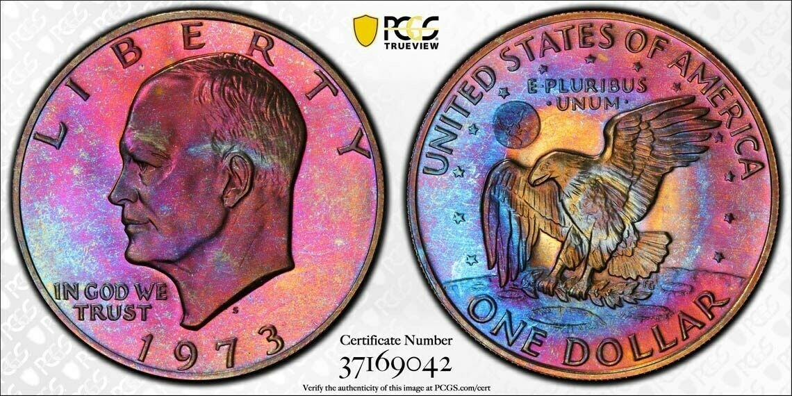 Trueviews-1940-PF-Lincoln-Cent-&-1973-PF-Ike-Dollar-Both-Colorfully-Toned