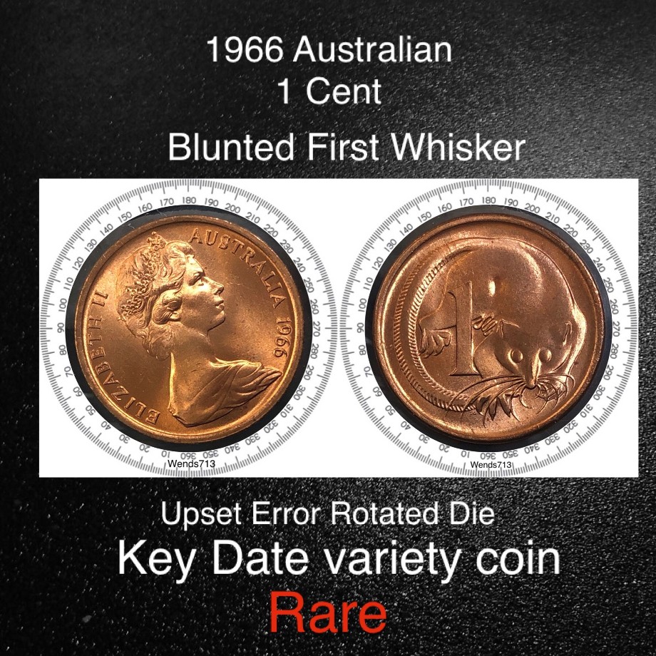 1966-Australian-1-Cent-Upset-Error---Blunted-First-Whisker-Variety--Unc,
