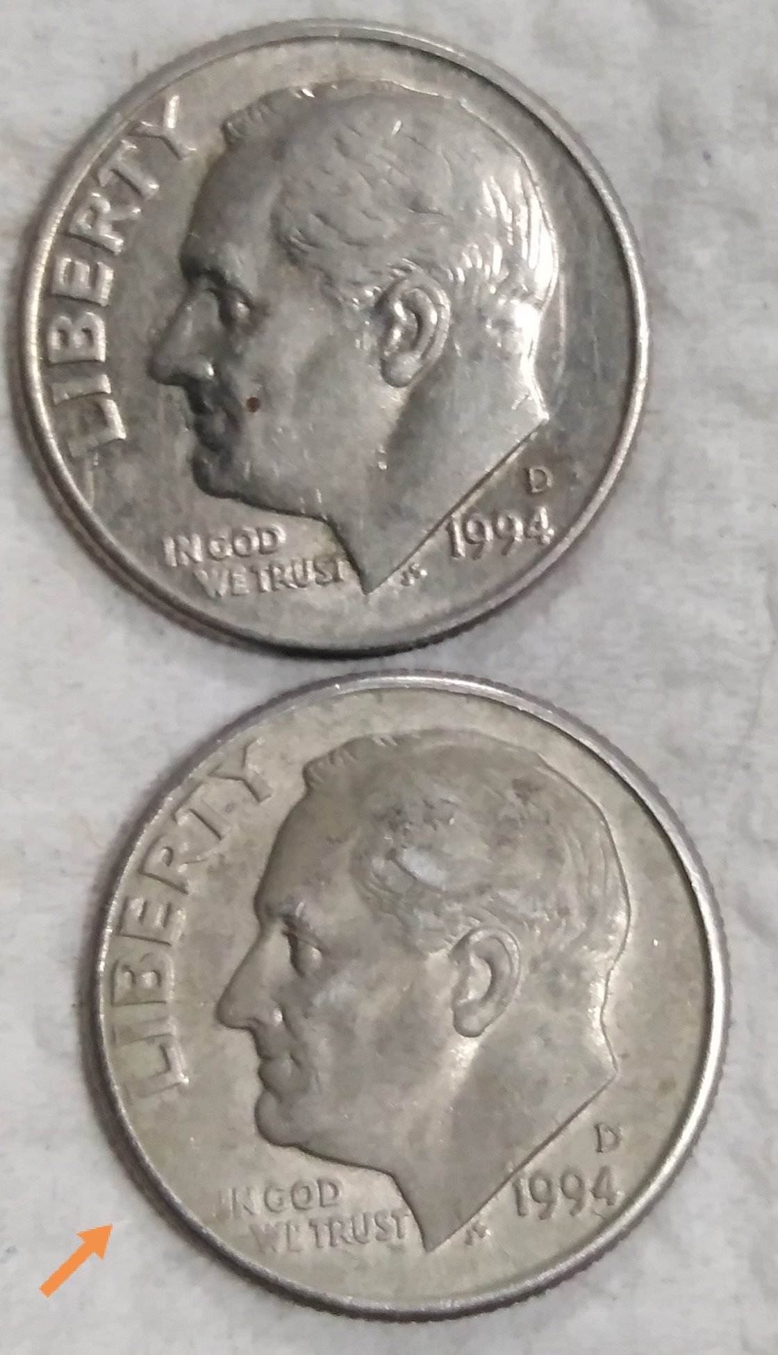Possible-Missing-Obverse-Clad-On-1994-D-Roosevelt--Dime?