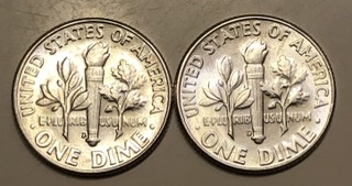 Two-1964-D-Roosevelt-Dimes-That-Are-Mirrored,-Down-To-The-MD-On-The-MM.
