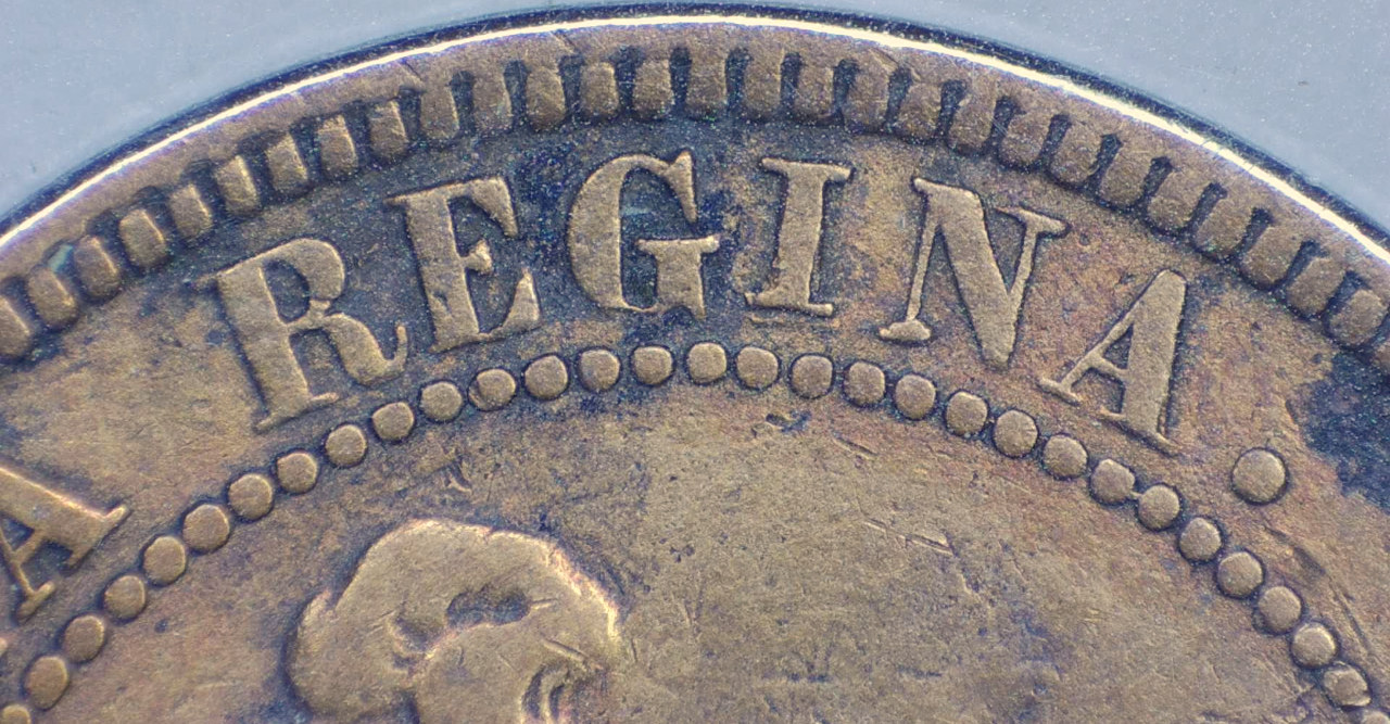 1881-H-Vicky-Cent,-Double/Triple-Re-Punched-Letters-On-Obverse