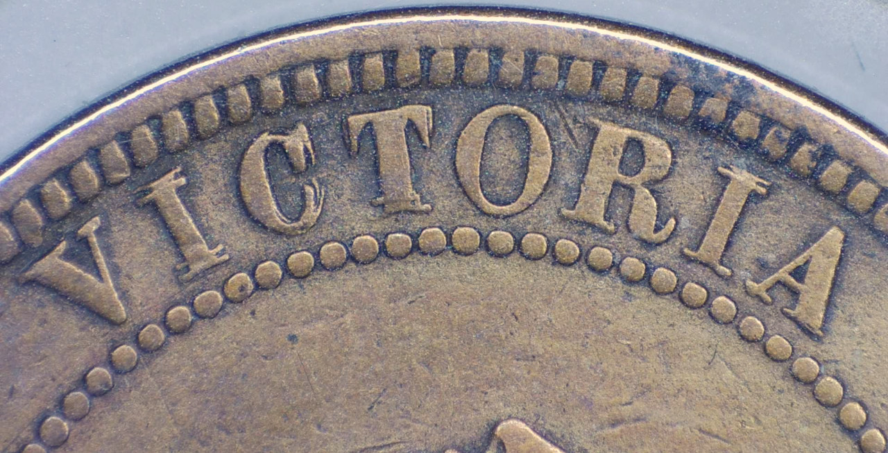 1881-H-Vicky-Cent,-Double/Triple-Re-Punched-Letters-On-Obverse