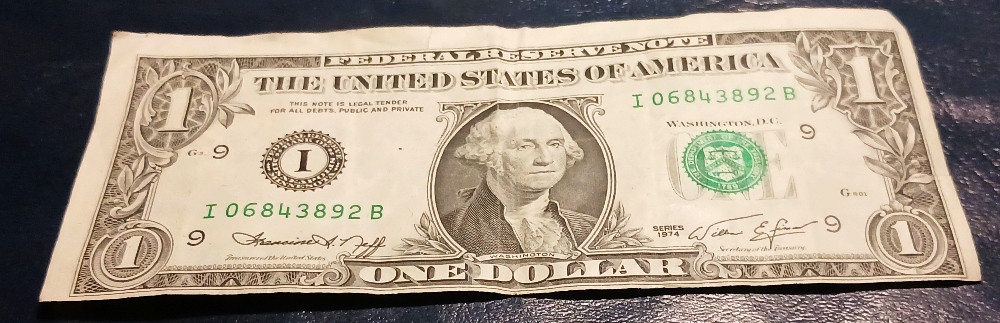 1974-One-Dollar-Bill--Cut-Weird-And-Not-Centered