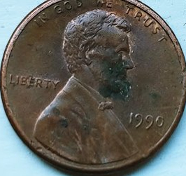 1990-Penny-DD-On-Reverse-On-United-States-Of--America-And-Faded-Letters