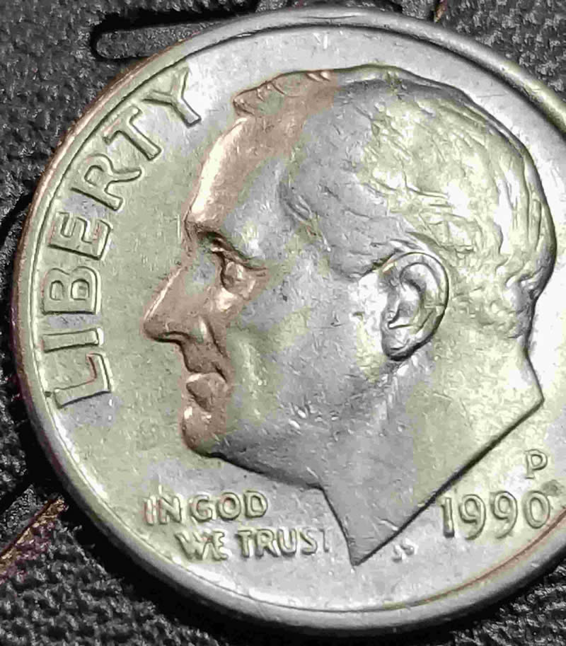 1990-P-Roosevelt-Dime,-2nd-T-In-Trust-Is-Small-Almost-Missing-Norm?