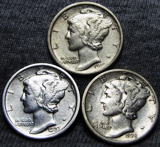 1919,-1923,-1928-S-Mercury-Dimes-Grade-And-Condition