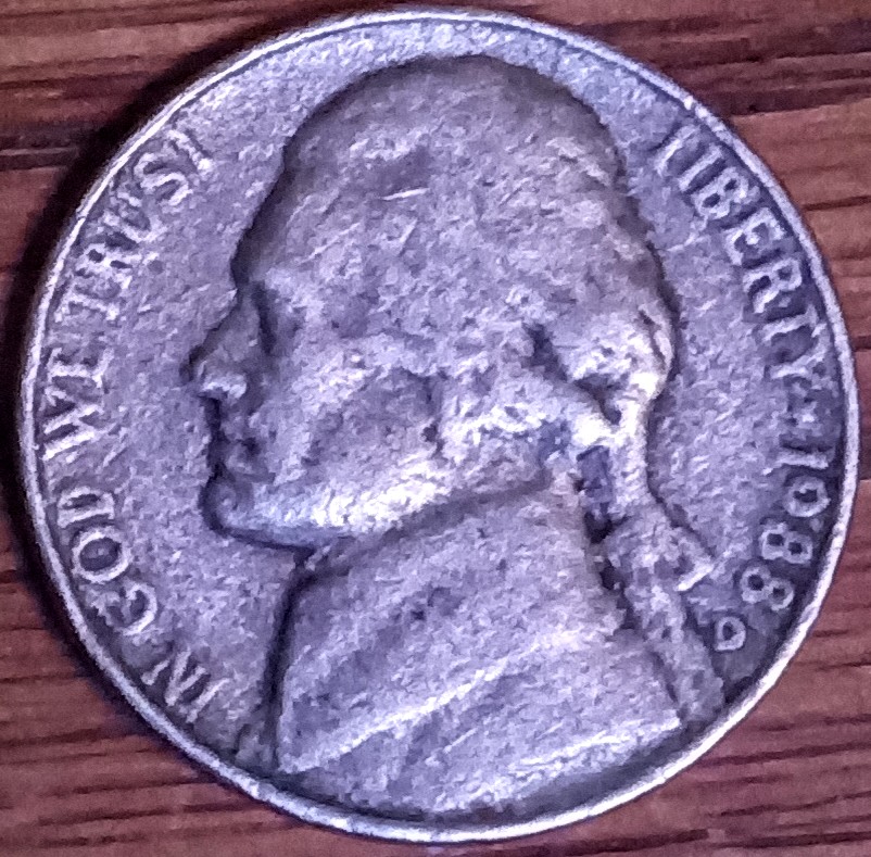 1988-D-Jefferson-Nickel-/-Wrong-Planchet?