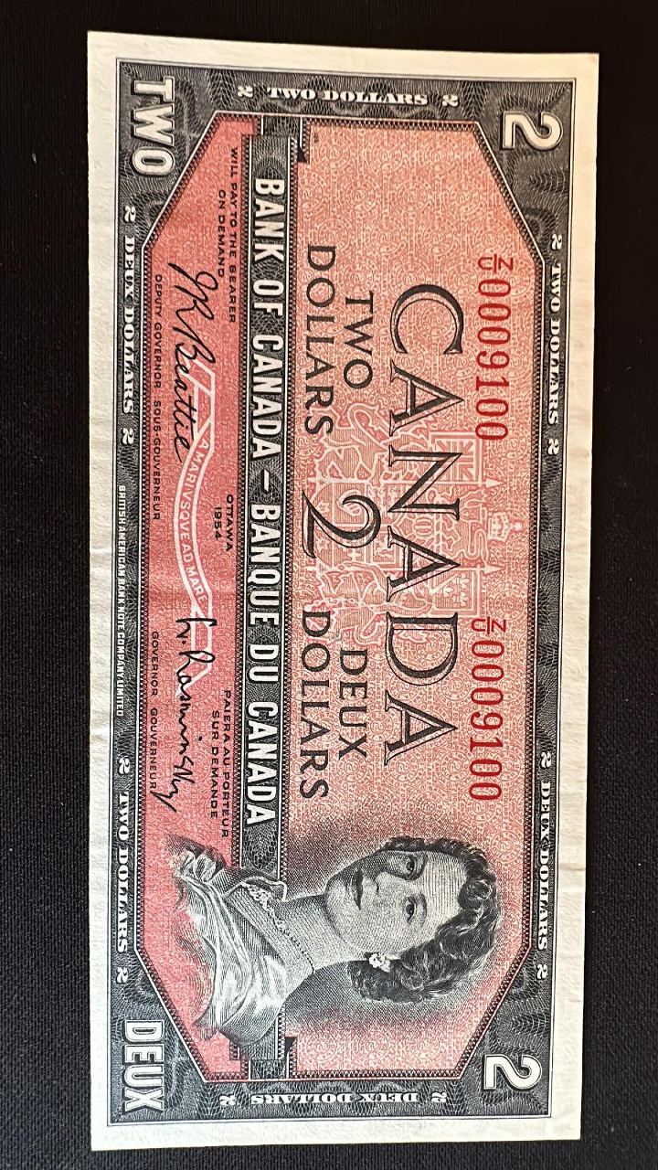 2$-Canadian-Note-1954,-2-Number-Serialized-Z/U-0009100