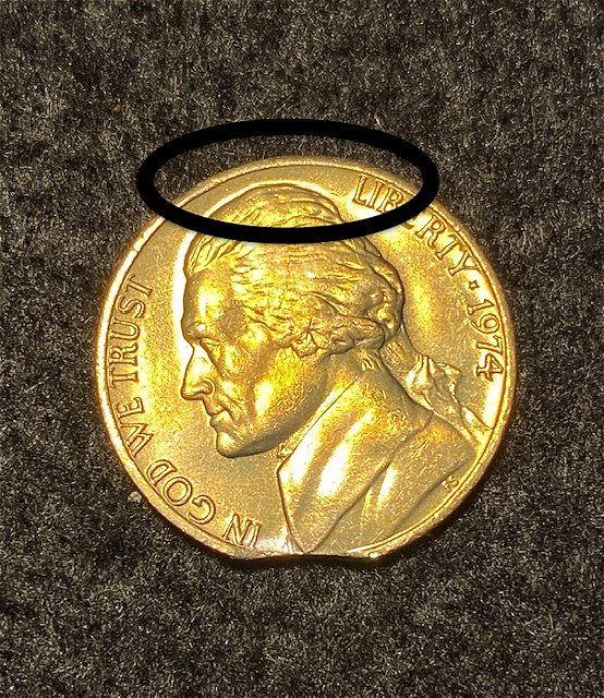 1974-Jefferson-Nickel-Mint-Error?-Irregular-Cut-Planchet
