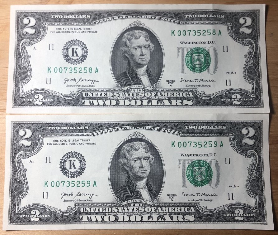 Neat-$2-Bills.-Sequential-Serials.