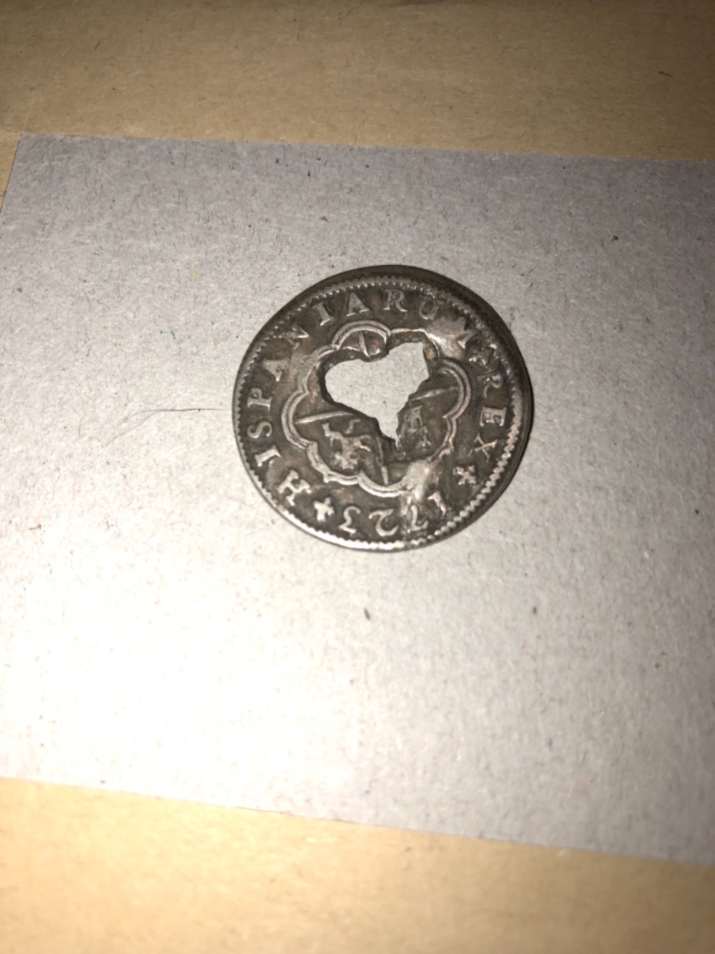 Possibly-A-1723-S,-2-Reales-Coin-Altered-In-Gibraltar-With-Heart-Cut-Out