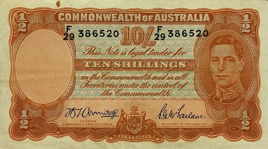 1942-Australia-10-Shillings-Banknote,-Armitage/Mcfarlane,-Grading-&-Value