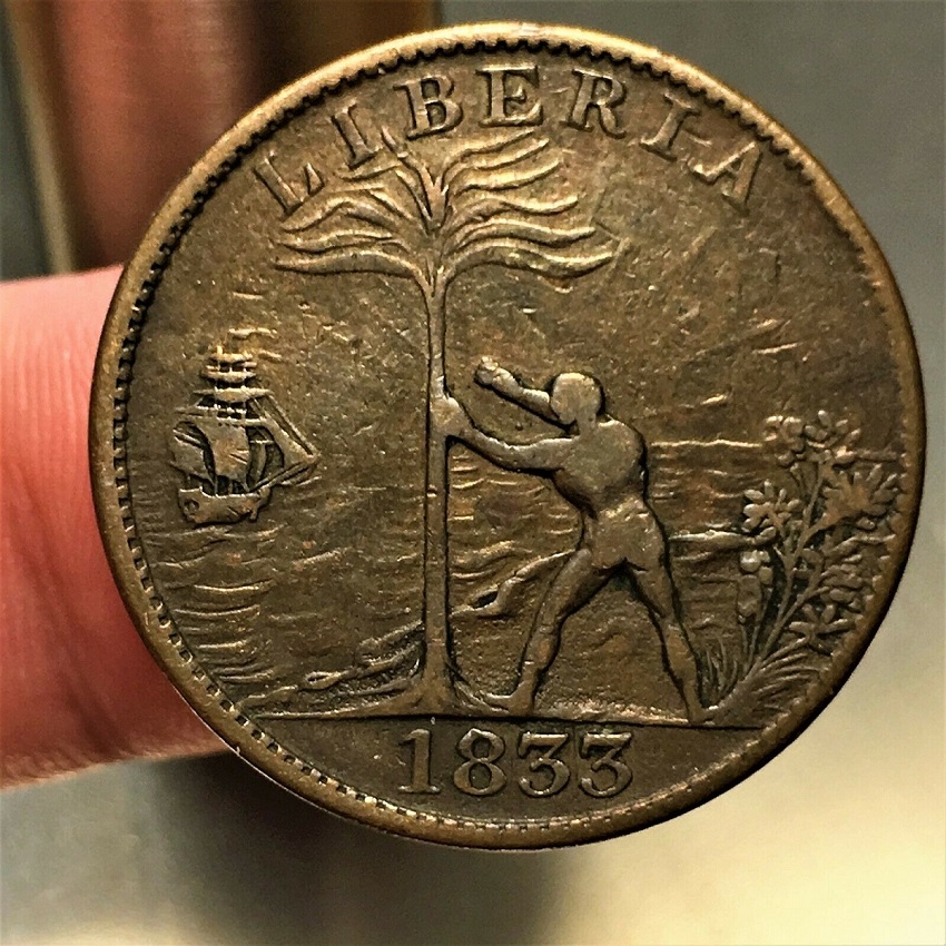 Interesting-Token-1833-Liberia-Cent-KM#-Tn1,-American-Colonization-Society