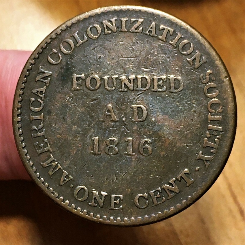 Interesting-Token-1833-Liberia-Cent-KM#-Tn1,-American-Colonization-Society