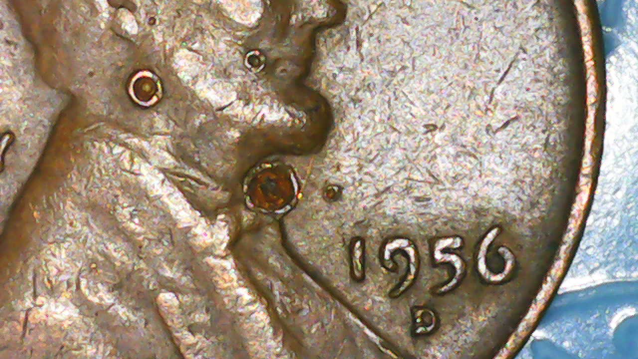 1956-D-Penny-With-Volcanic-Craters-On-Obverse-And-Reverse.--Very-Unusual