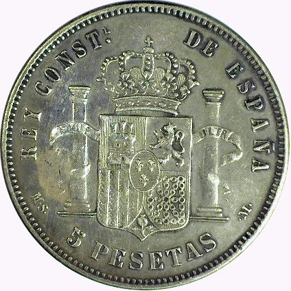 Counterfeit-Detection:-1874-5-Pesetas-In-Silver-And-Bronze