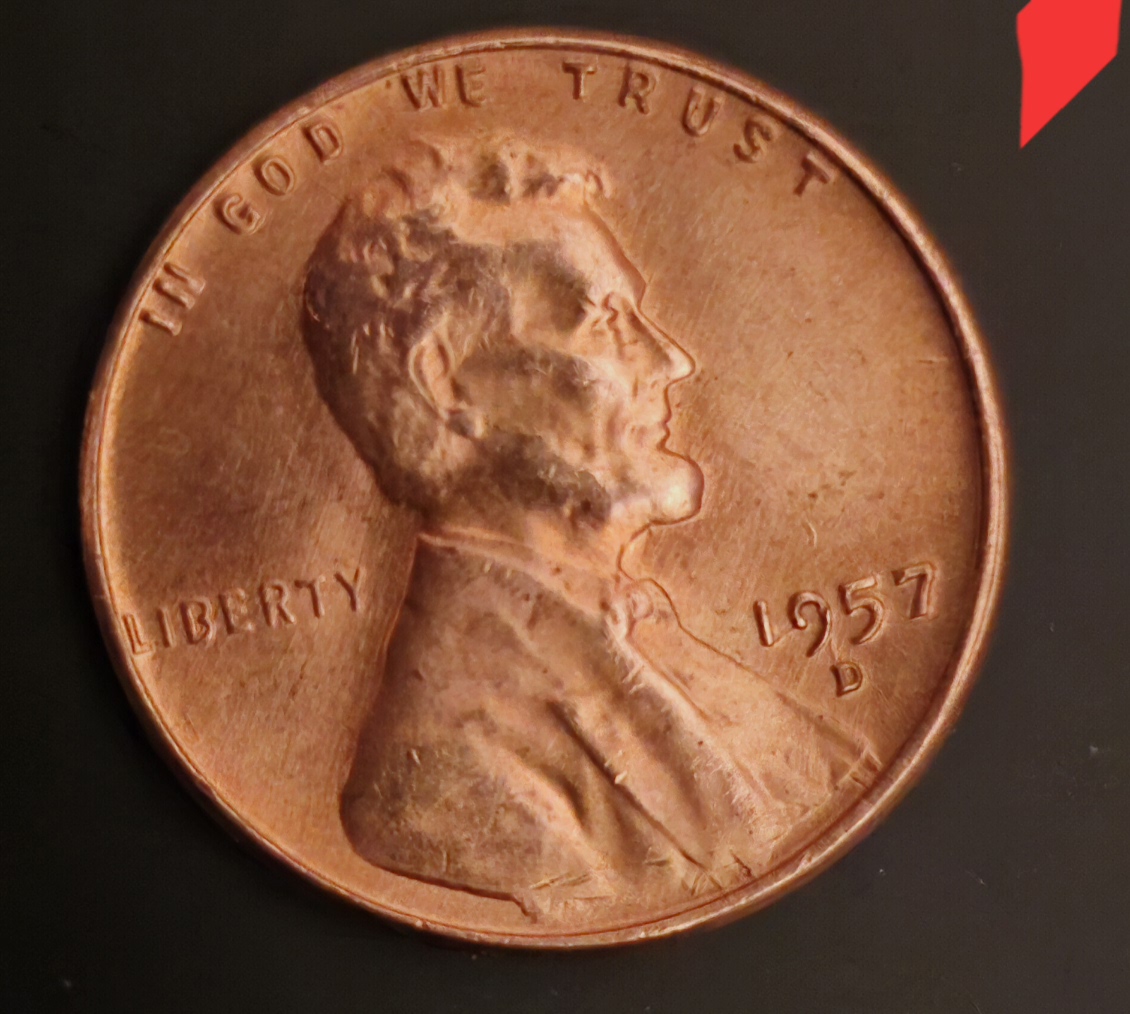 1957-Lincoln-Wheat-Penny-Ob-No-Artist-Initials-VDB,-Feathered-Cud?