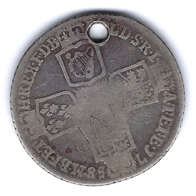 Holed-George-II-Shilling-Inscribed-James-On-Reverse