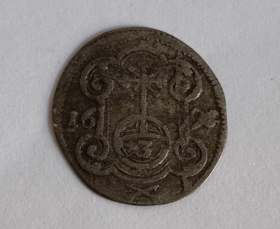 1696-?---Coin-/-Token.--I-K-?--3-Something.-Temple?-With-Crown-Above.